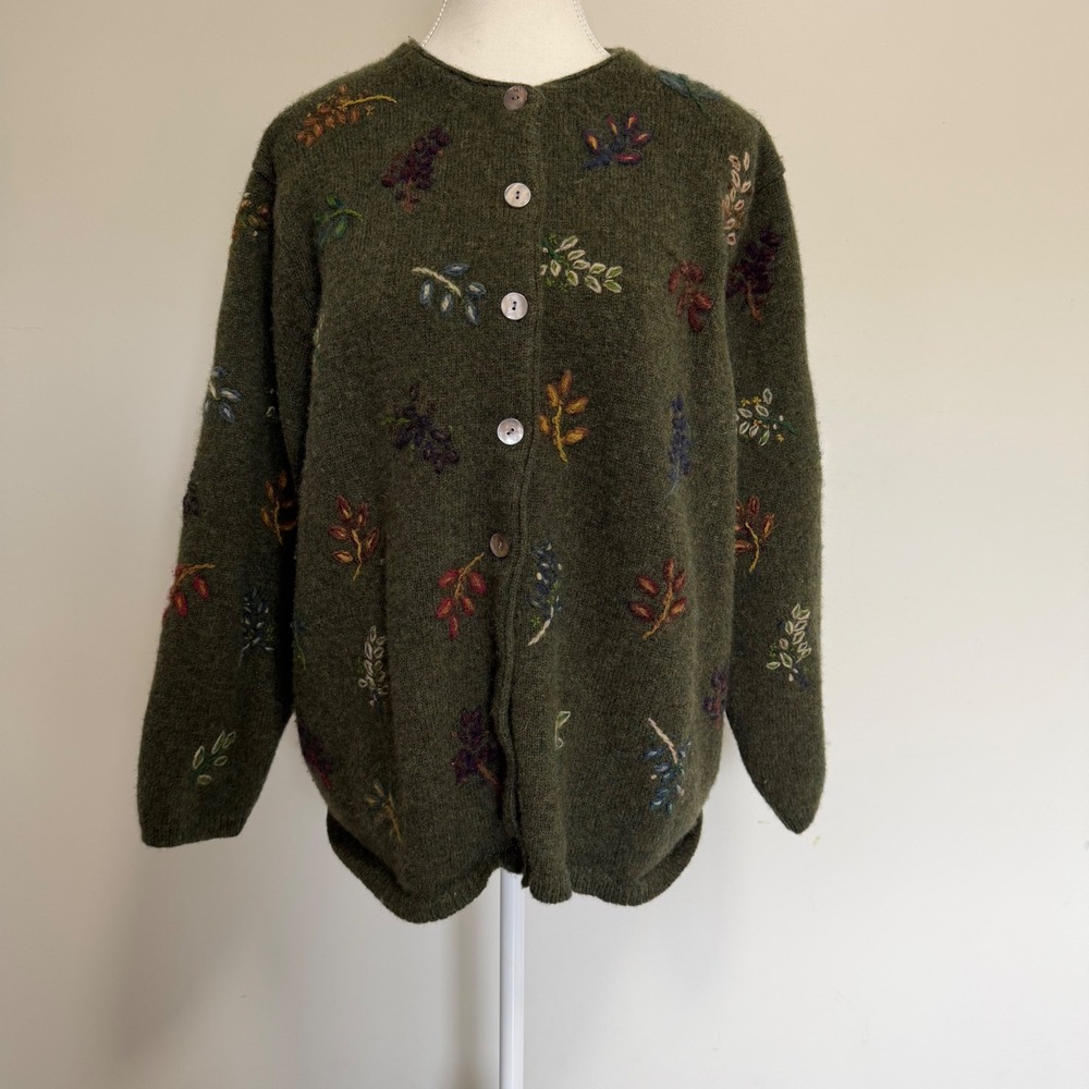 Alexandra Bartlett Floral Embroidered Wool Cardigan Women 2X Green Cottagecore